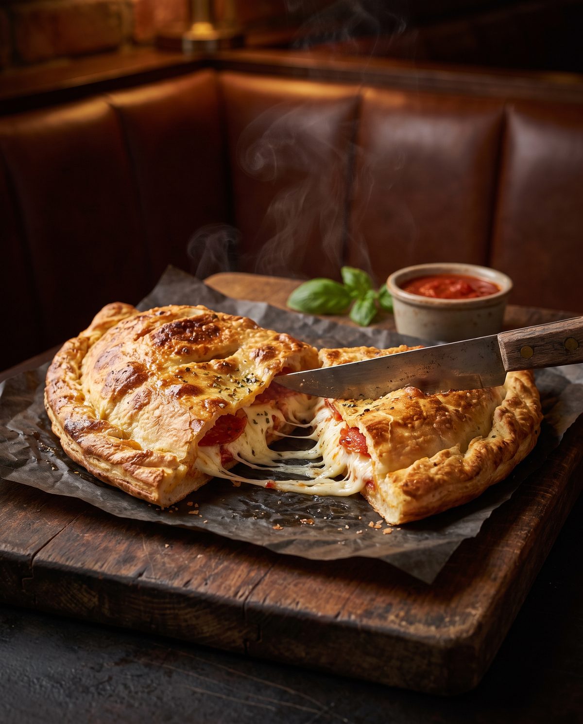 Verse calzone met gesmolten kaas, warm uit de oven