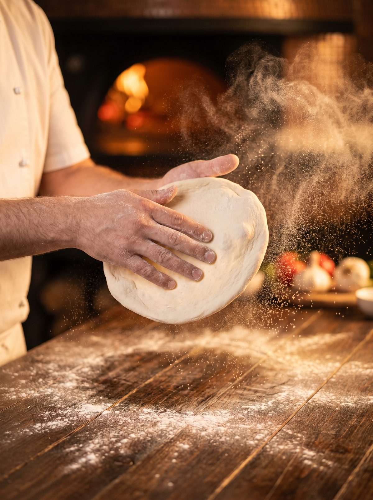 Handen die vers pizzadeeg bewerken op een bebloemde houten tafel