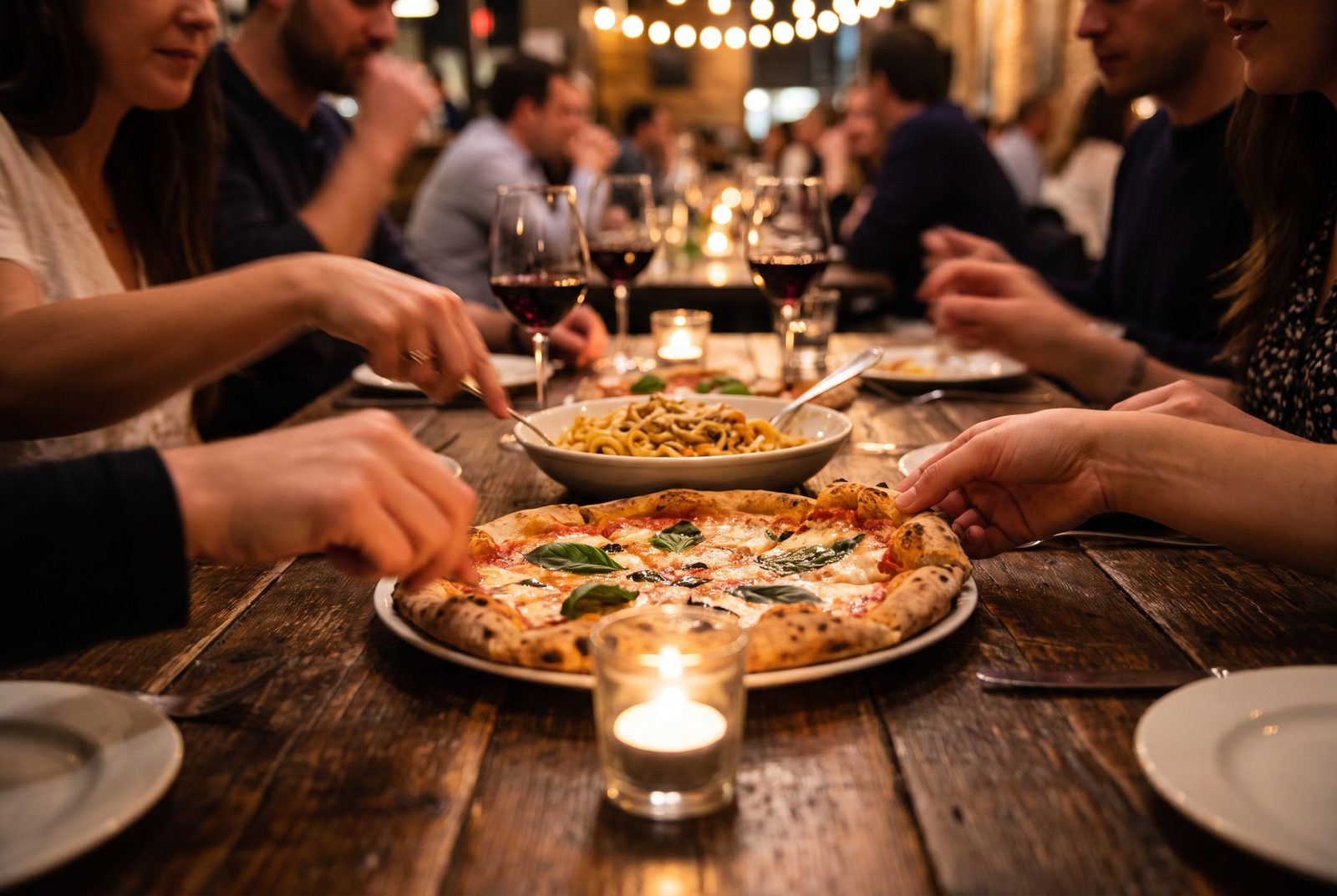 Vrienden delen pizza en pasta aan een gedekte tafel
